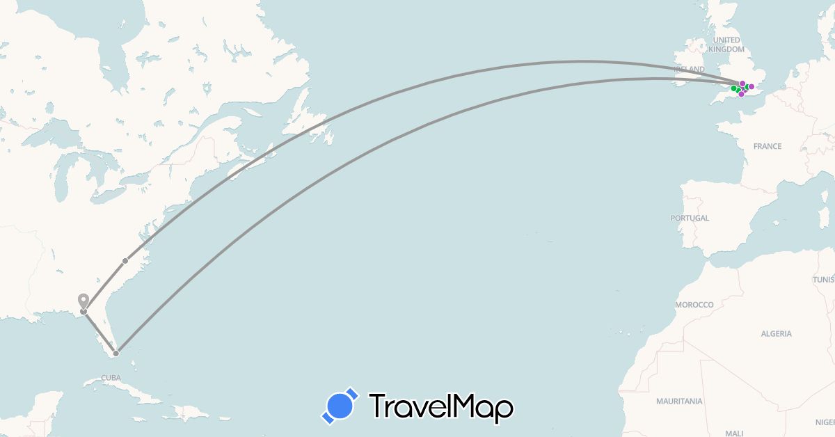 TravelMap itinerary: bus, plane, train in United Kingdom, United States (Europe, North America)